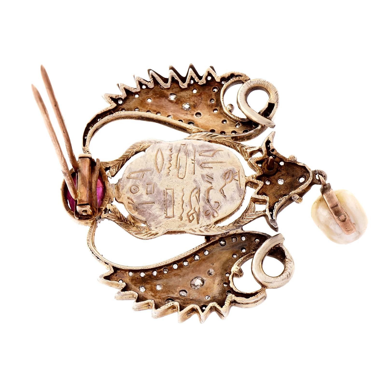 Women's Egyptian Revival Pearl Ruby Sapphire Diamond Silver Gold Beetle Pin 
