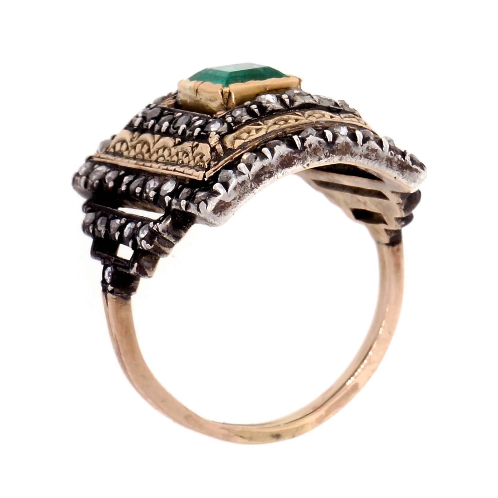 Women's .70 Carat GIA Cert Emerald Rose Cut Diamond Silver Gold Ring