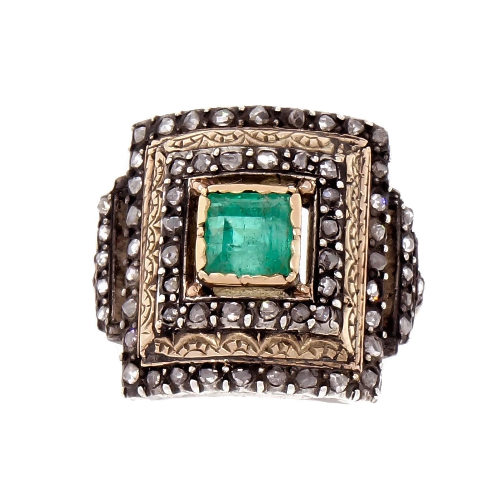 Mid 1800’s Victorian 14k rose gold and silver all original ring with rose cut diamonds and a beautiful natural step cut Emerald with minor clarity enhancement.

1 octagonal step cut green Emerald, approx. total weight .70cts, 5.50 x 5.44 x 5.60mm,
