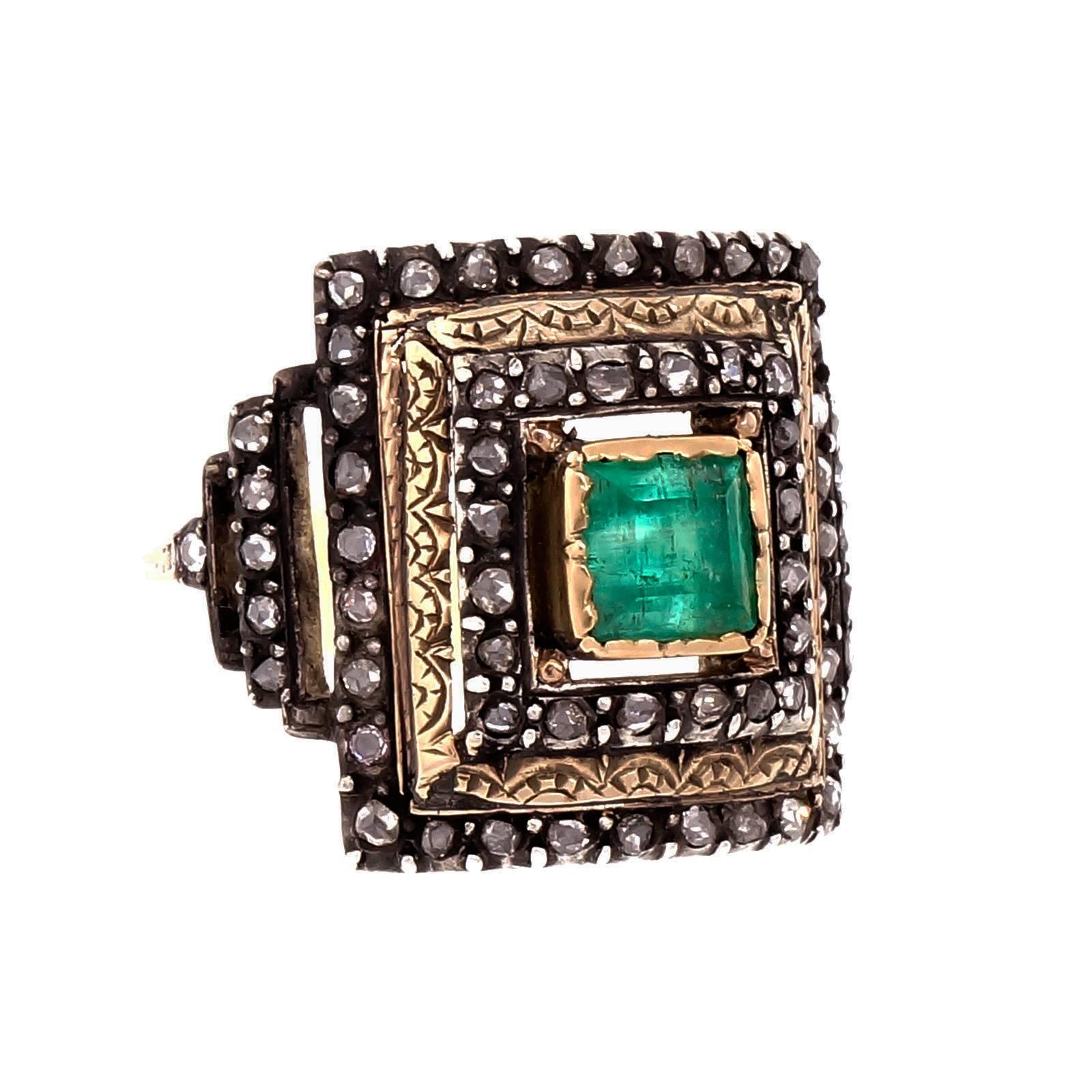.70 Carat GIA Cert Emerald Rose Cut Diamond Silver Gold Ring