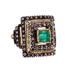 .70 Carat GIA Cert Emerald Rose Cut Diamond Silver Gold Ring