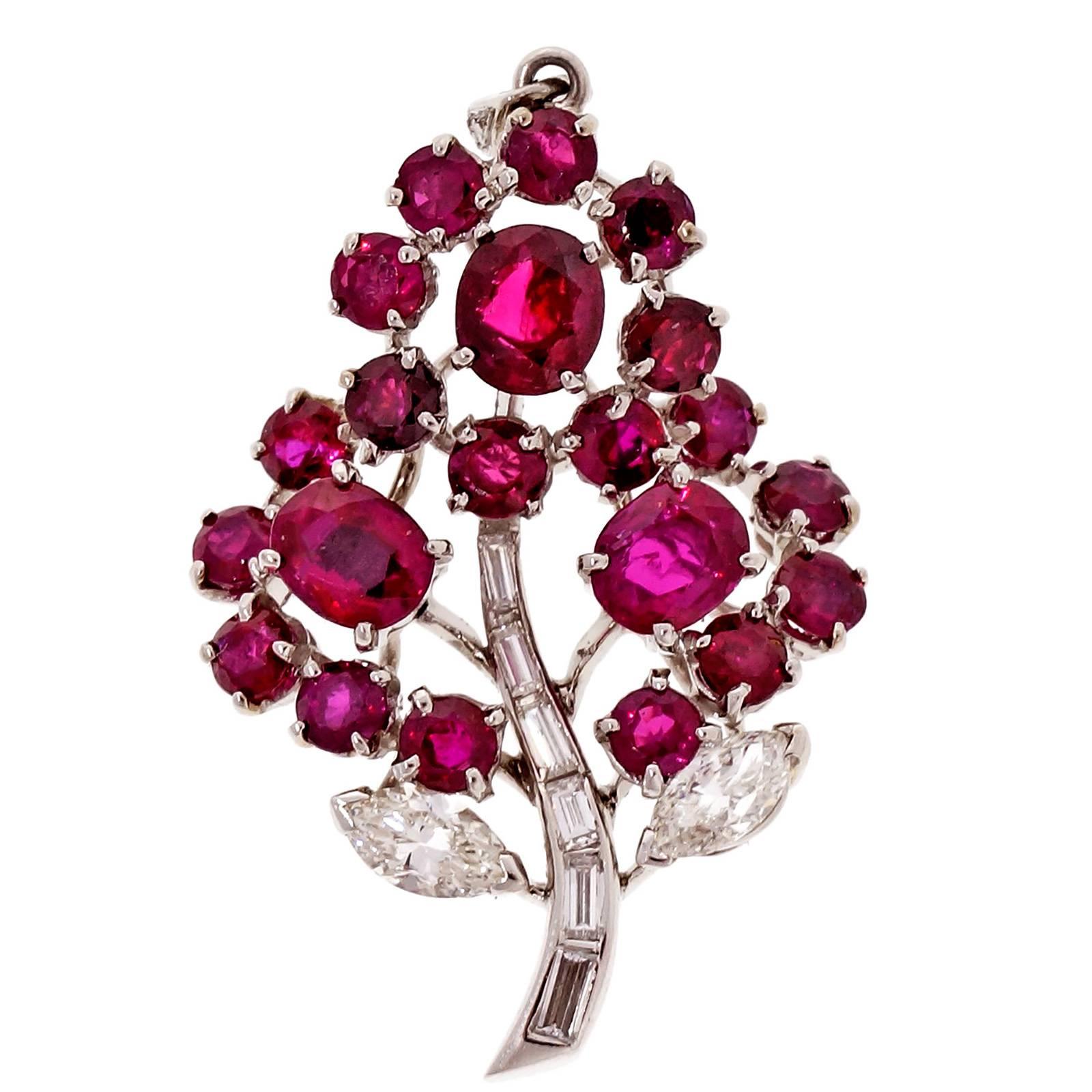 Natural Ruby Diamond Platinum Flower Pendant
