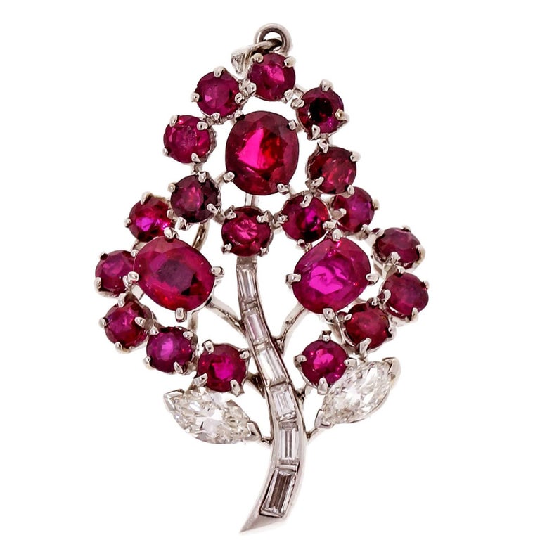 Natural Ruby Diamond Platinum Flower Pendant at 1stDibs