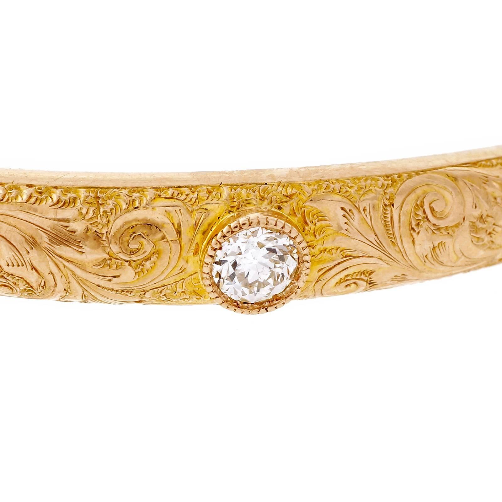 Diamond Engraved Gold Bangle Bracelet In Good Condition In Stamford, CT