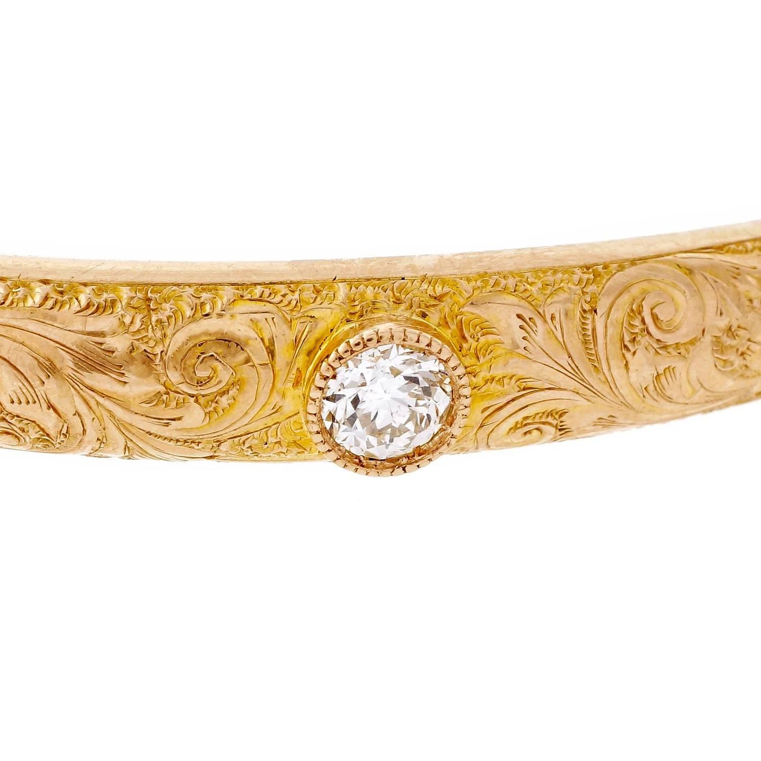 Diamond Engraved Gold Bangle Bracelet at 1stdibs