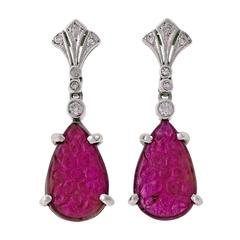 Carved Ruby Diamond Gold Dangle Earrings 10