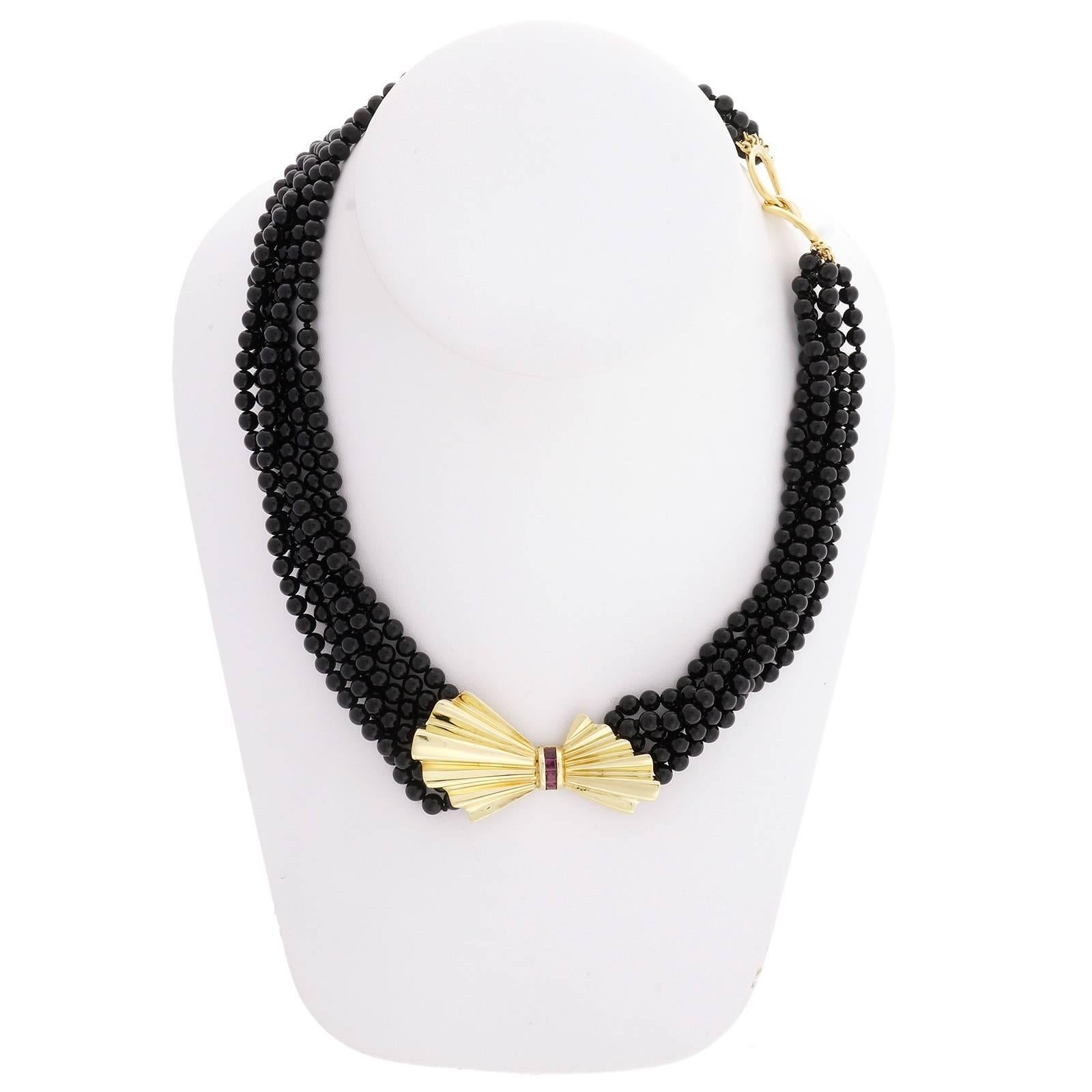 Tiffany & Co. 1.20 Carat Ruby Onyx Gold Bow Multi-Chain Necklace In Excellent Condition In Stamford, CT