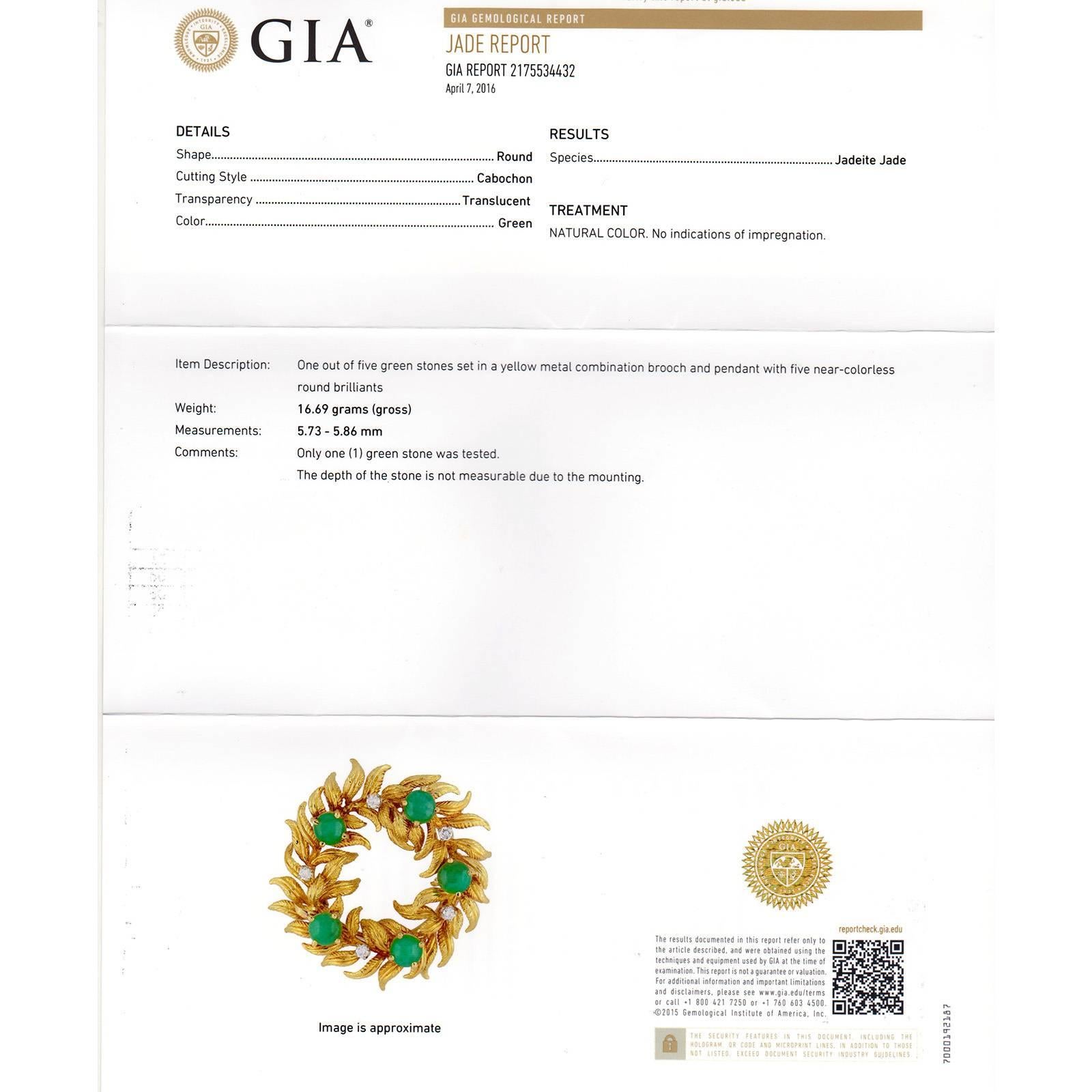Tiffany & Co. GIA Certified Jadeite Jade Diamond Gold Wreath Brooch Pendant  1