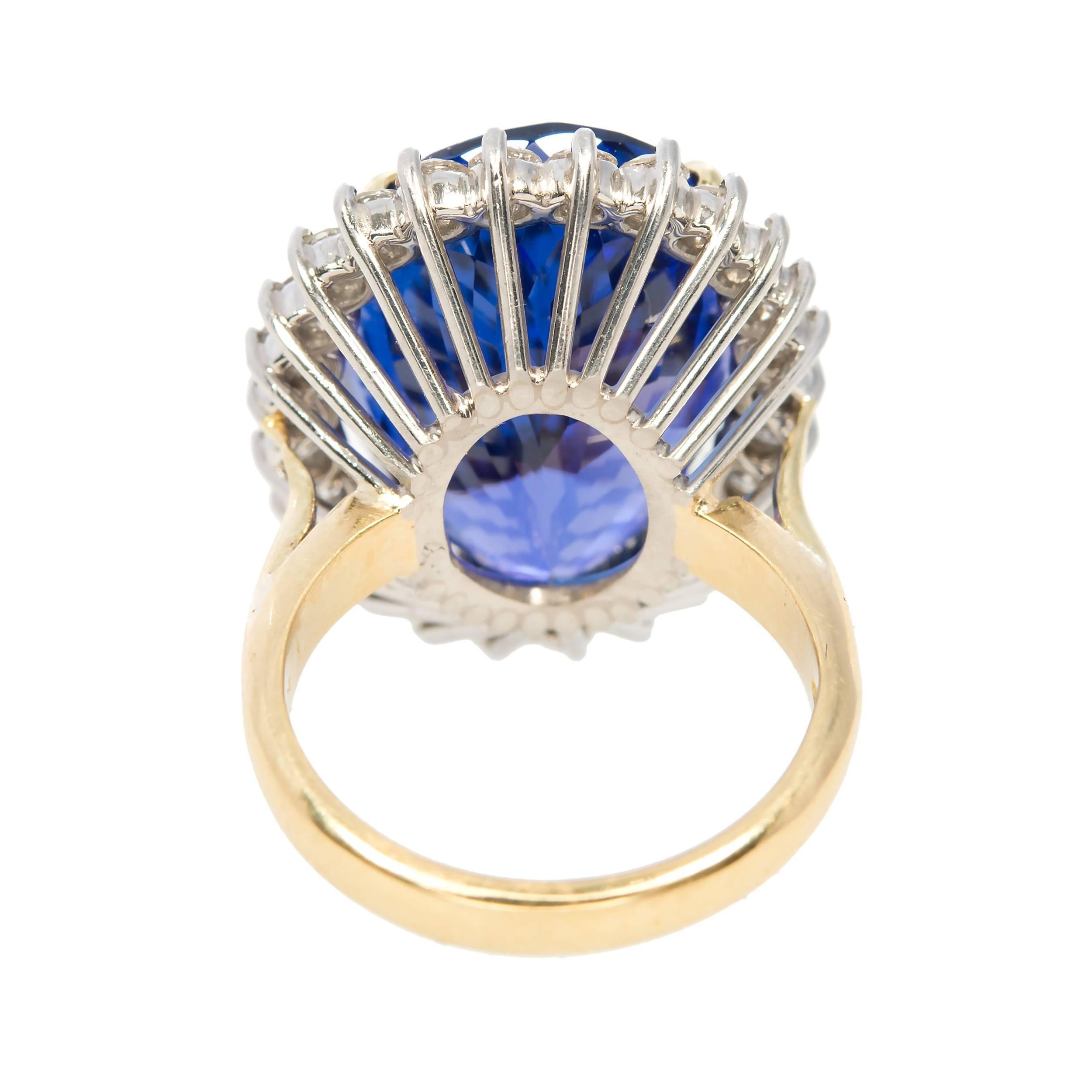 20.51 Carat Oval Tanzanite Diamond Gold Halo Cocktail Ring In Good Condition For Sale In Stamford, CT