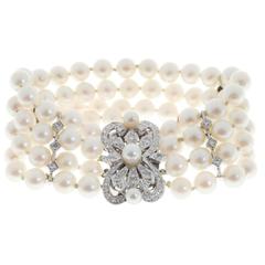 Four Row Cultured Japanese Pearl Diamond Gold Bracelet