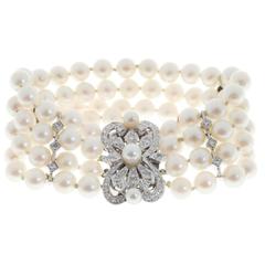 Four Row Cultured Japanese Pearl Diamond Gold Bracelet 