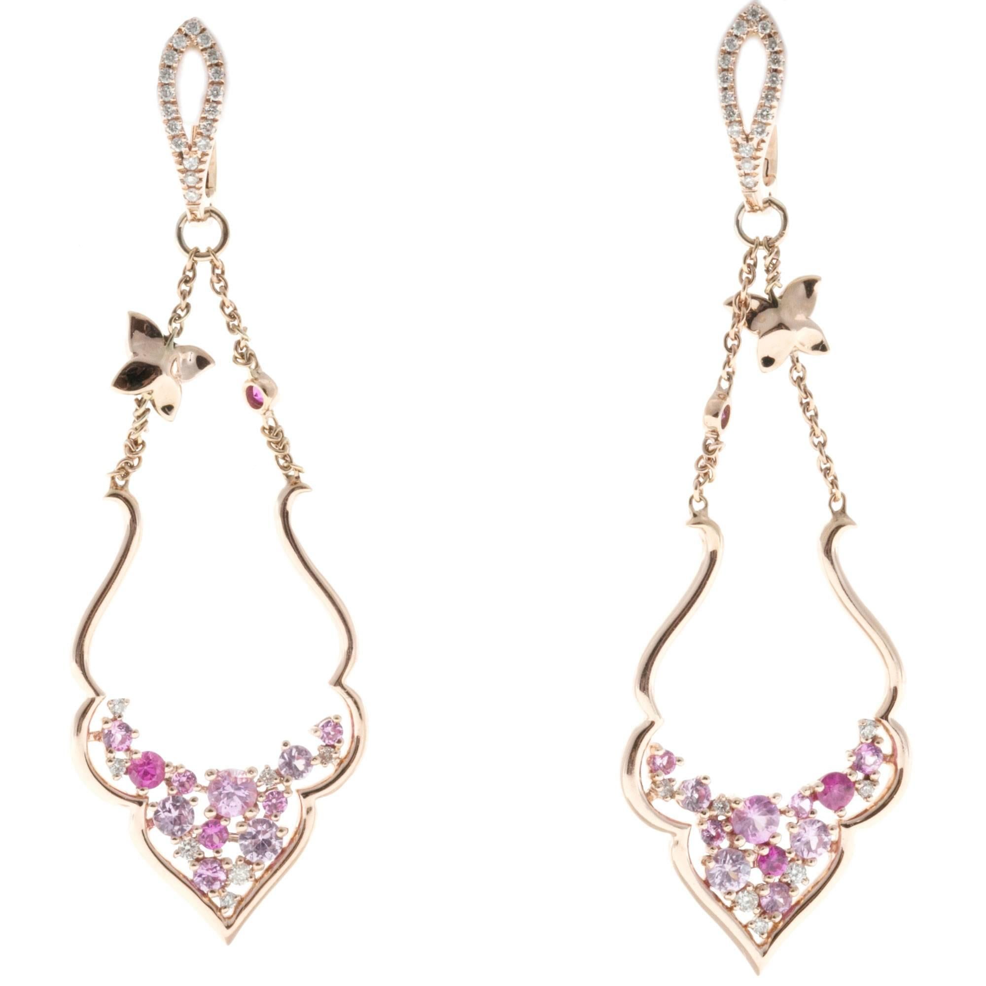 Diamond Pink Sapphire Diamond Gold Dangle Earrings