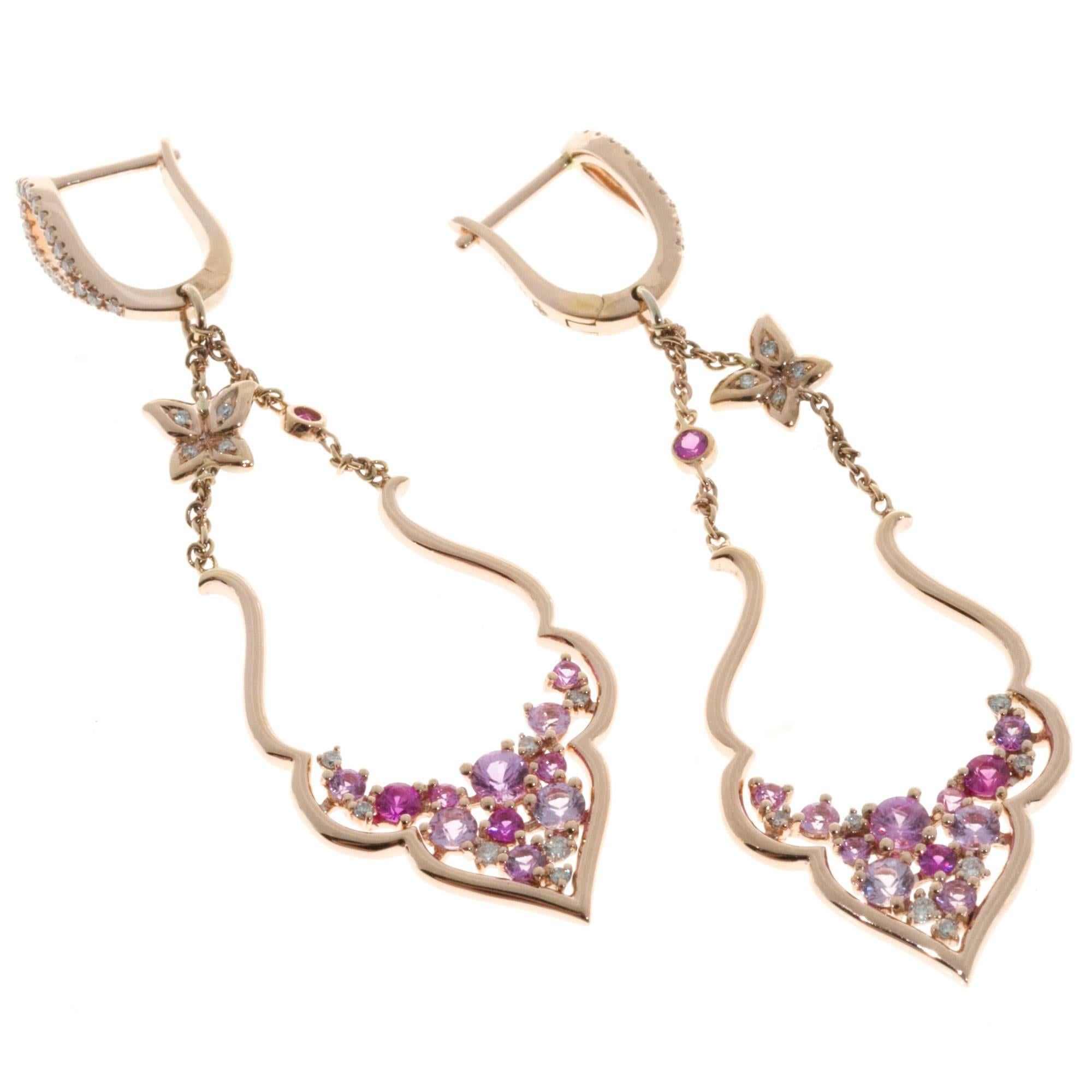Diamond Pink Sapphire Diamond Gold Dangle Earrings In Good Condition In Stamford, CT