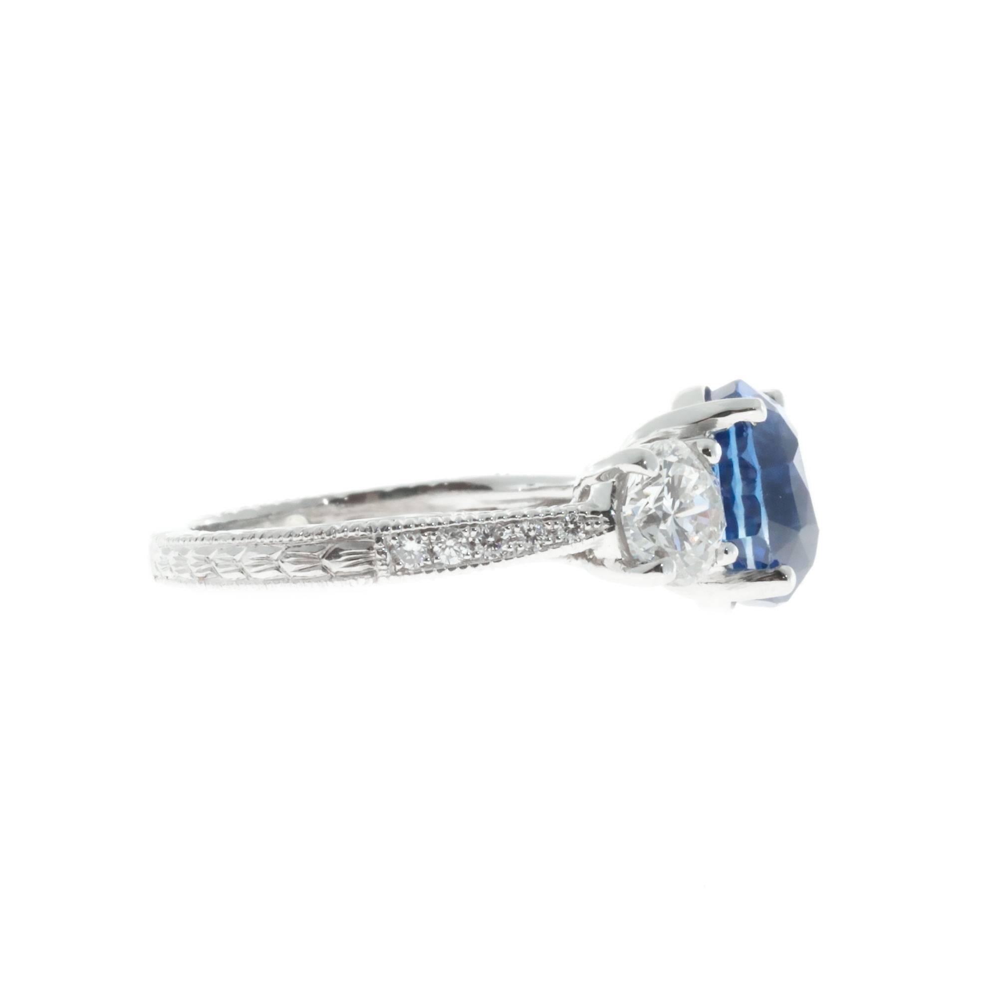 Women's Peter Suchy GIA Cert Blue Sapphire Diamond Platinum Three Stone Engagement Ring