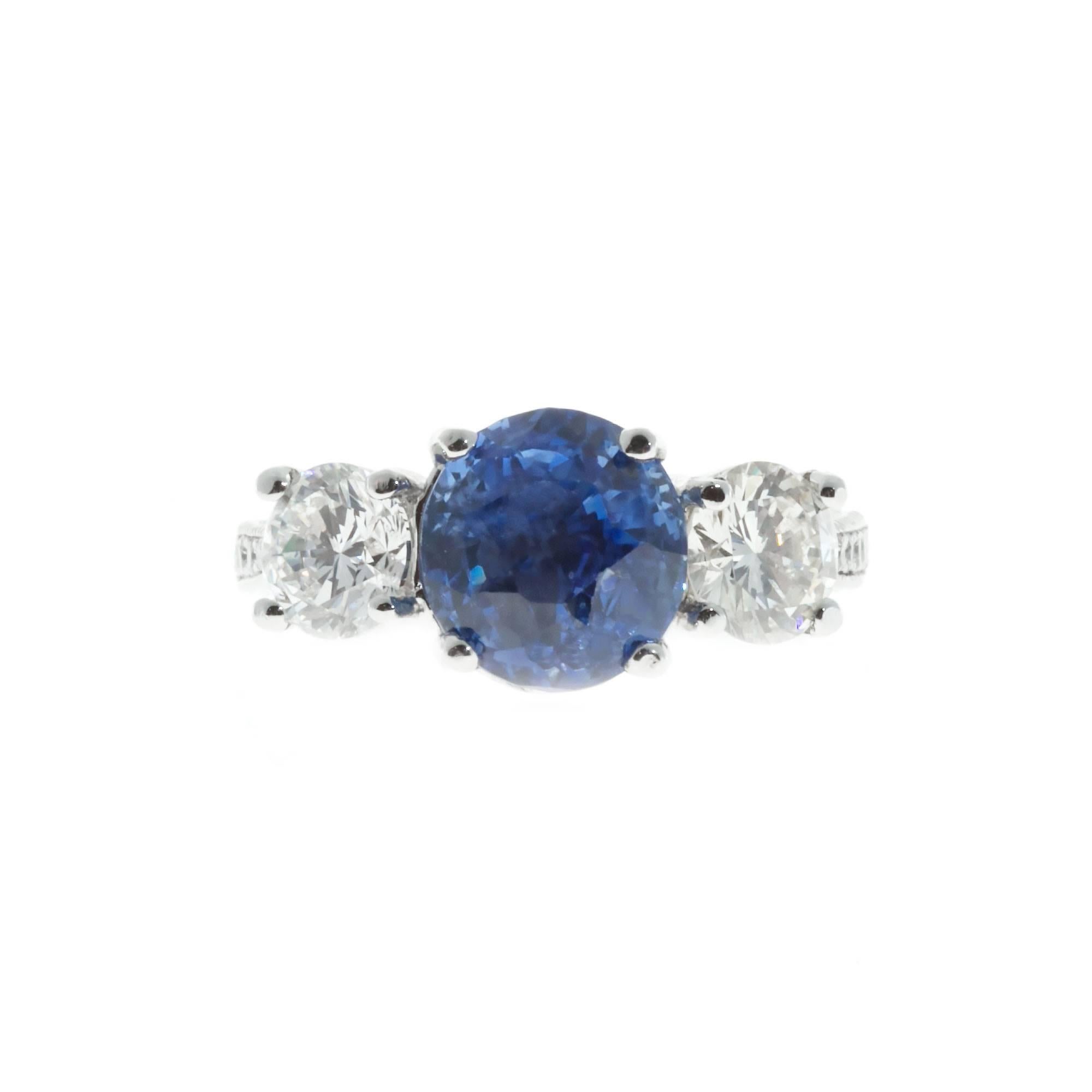 Old European Cut Peter Suchy GIA Cert Blue Sapphire Diamond Platinum Three Stone Engagement Ring