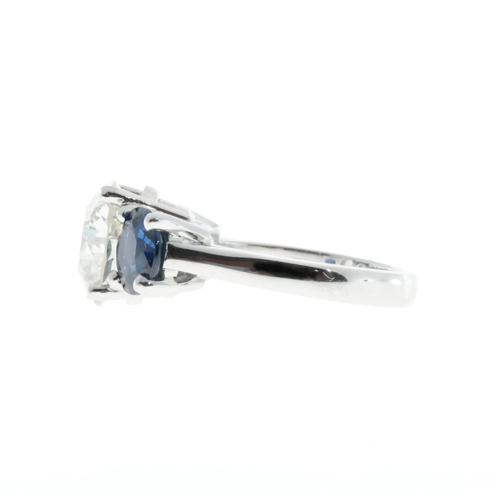 Old European Cut Peter Suchy 7.00 Carat Sapphire Diamond Platinum Three-Stone Engagement Ring