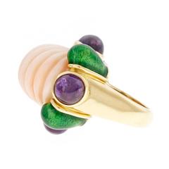 David Webb Enamel Fluted Coral Amethyst Gold Ring