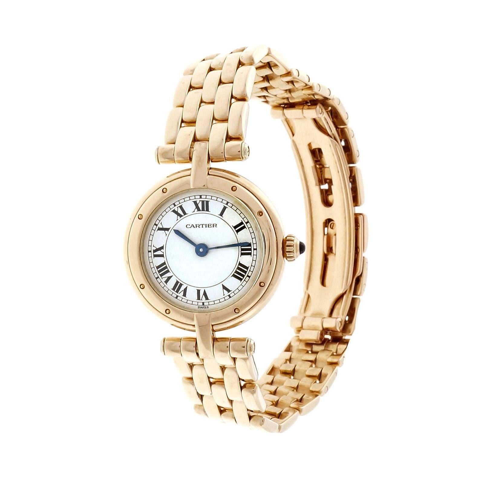 Cartier Panther five row solid 18k yellow gold round Quartz watch. 

18k yellow gold
Length: 31mm
Width: 23.33mm
Band width at case: 12mm
Case thickness: 5.56mm
Band: Cartier 5 row Panther
Crystal: Sapphire
Dial: Off white Cartier