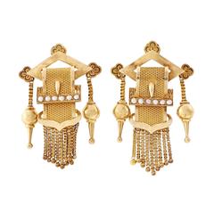 Victorian Pearl Gold Tassel Buckle Earrings 10