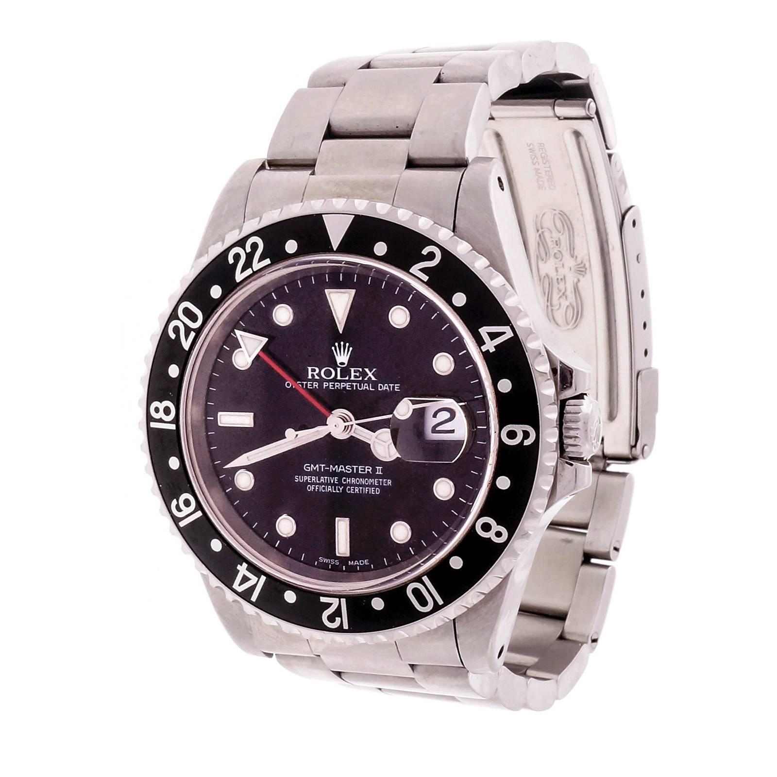 Rolex stainless steel GMT 16710 Oyster band circa 1999. Still has factory green sticker on the back.

Stainless Steel
Length: 47mm
Width: 39mm
Band width at case: 20mm
Case thickness: 12.4mm
Band: 501B 78790
Crystal: Sapphire
Dial: Rolex