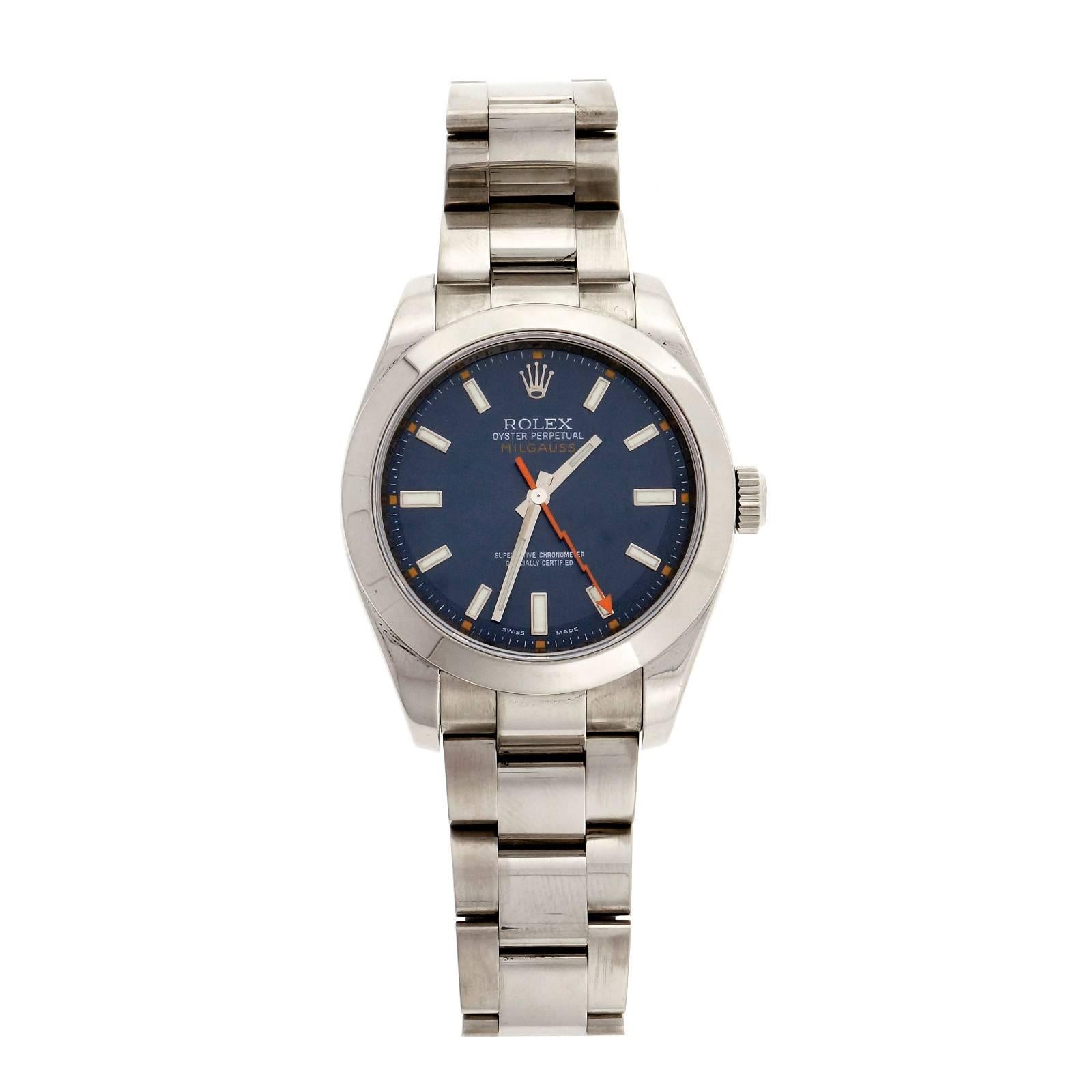 2009 Rolex steel Milgauss 116400. Hard to find blue face, clear crystal.  Anti-magnetic shield.

Serial #M579298
Length: 8 inches
155.5 grams
Stainless steel
Length: 48.6mm
Width: 42mm
Band width at case: 20mm
Case thickness: 13mm
Band: