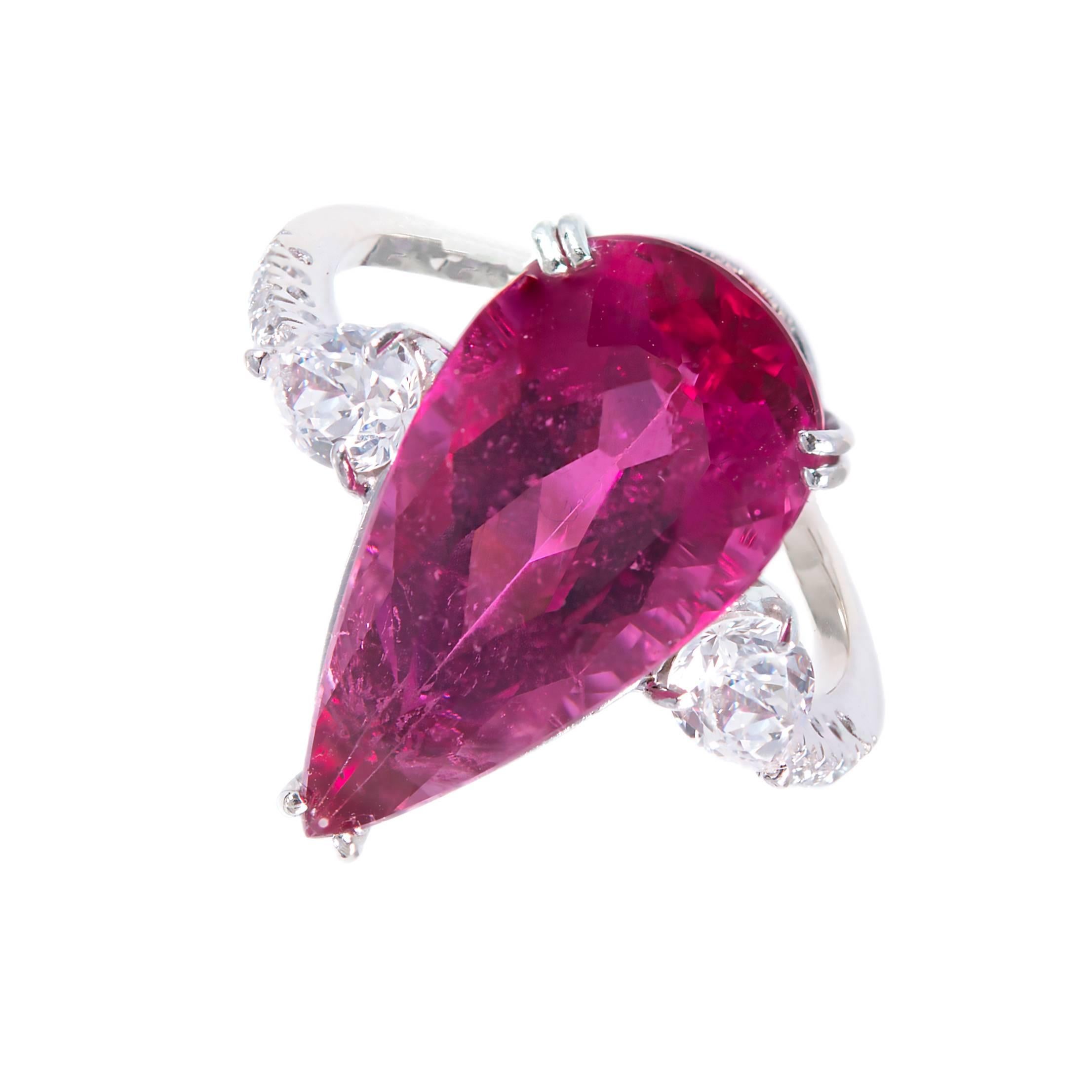 Pear Cut 6.55 Carat Pear Rubelite Pink Tourmaline Diamond Gold Cocktail Ring For Sale