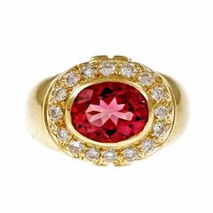 Bright Pink Tourmaline Diamond Halo Gold Ring 11