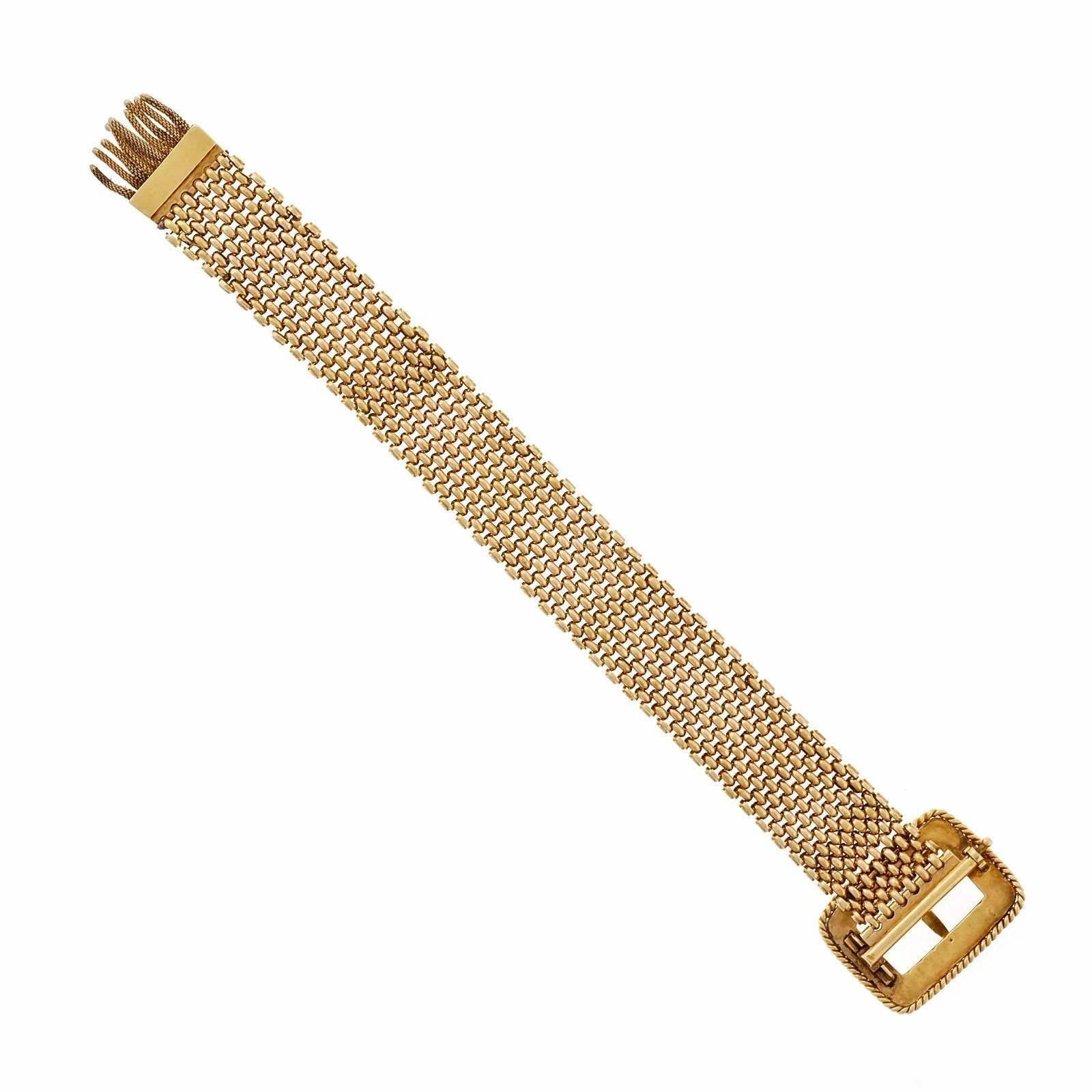 Vintage early 1900’s mesh buckle style bracelet with adjustable hinged buckle that adjusts to any length. Natural patina.

14k yellow gold
Tested: 14k
35.0 grams
Length: 7.75 inches – Width: 18.21mm – Depth: 3.41mm
