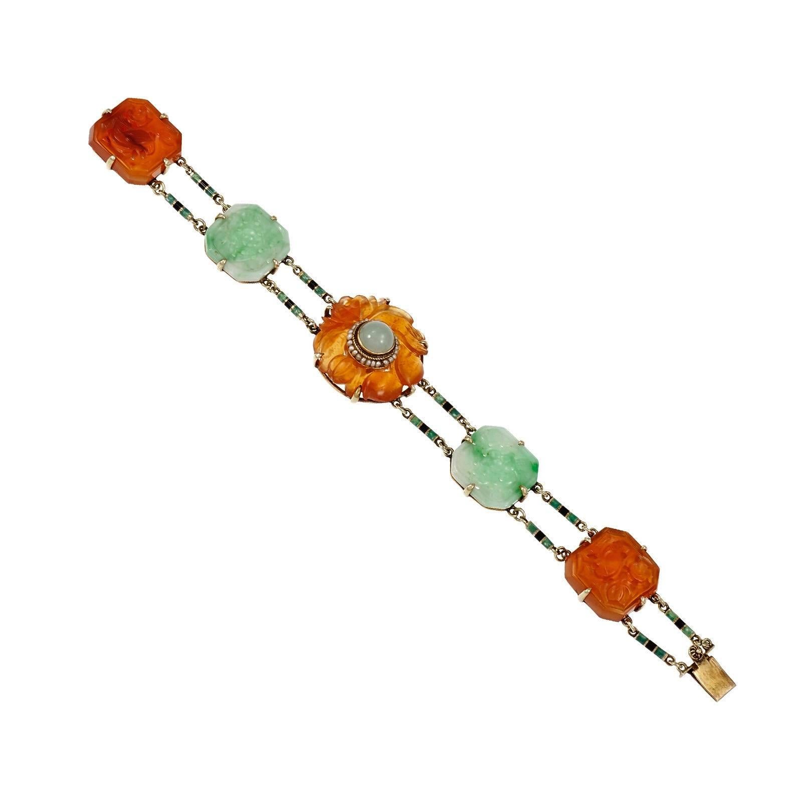 Art Deco Jadeite Jade Pearl Carnelian Gold Bracelet For Sale