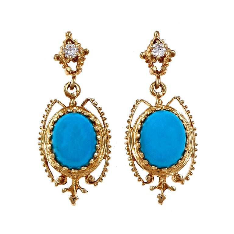 Persian Turquoise Diamond Gold Dangle Earrings For Sale at 1stDibs