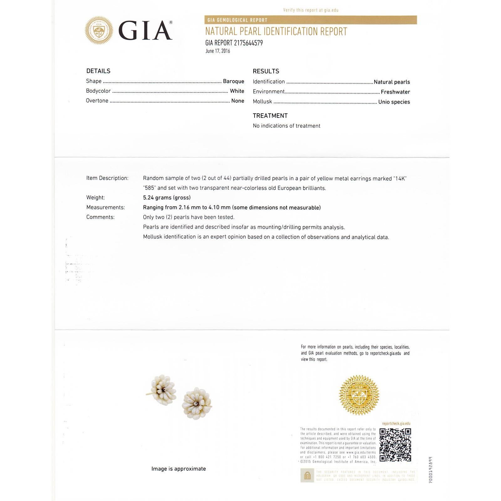 GIA Certified Natural Freshwater Pearl Diamond Gold Button Earrings 1