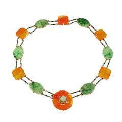 Art Deco Jadeite Jade Pearl Carnelian Gold Necklace 1