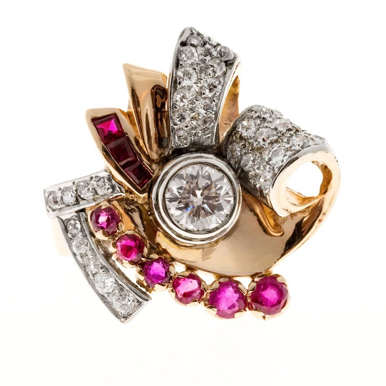 Round Diamond Ruby Gold Platinum Swirl Ring For Sale at 1stDibs