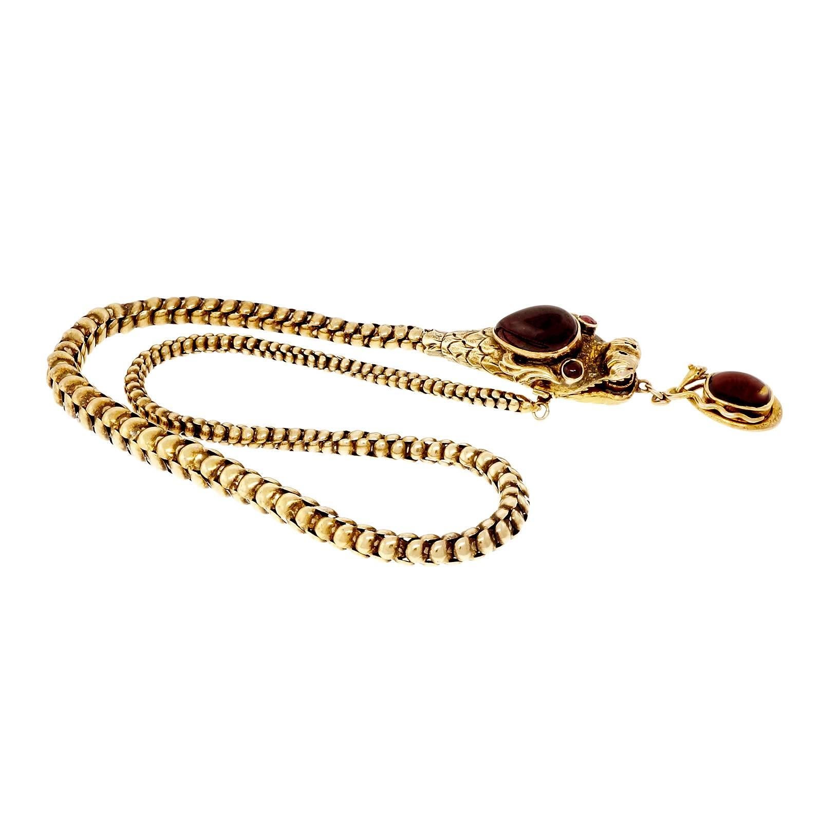 Oval Cut Cabochon Garnet Gold Dragon Serpent Necklace