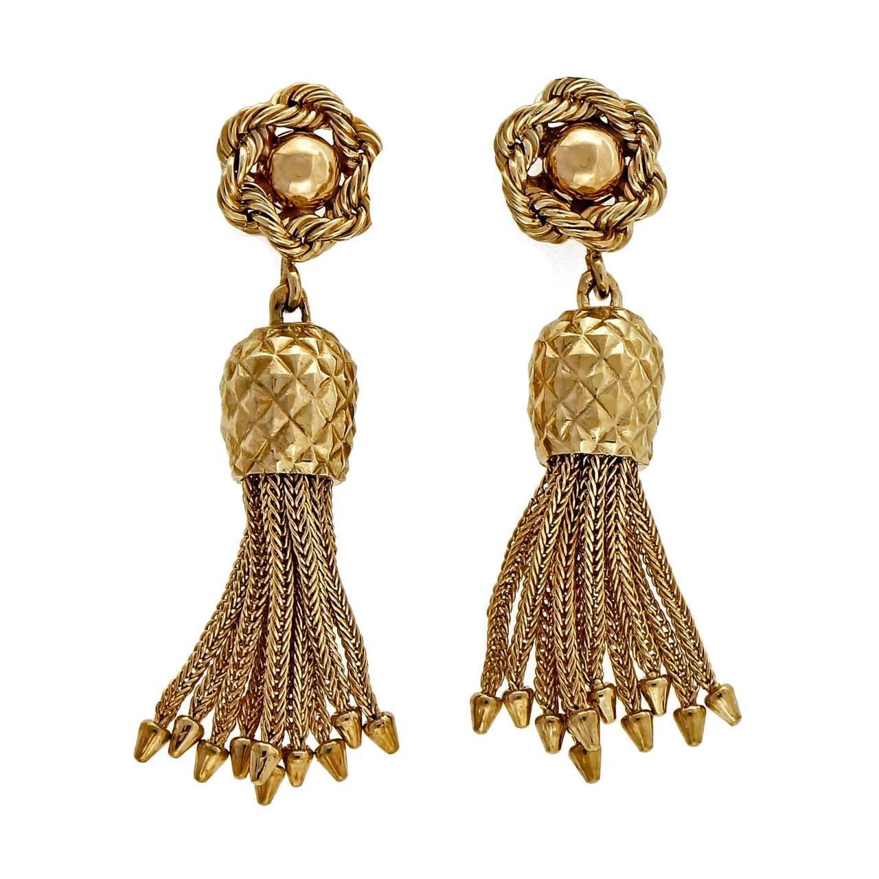 1950s Gold Rope Tassel Dangle Earrings For Sale at 1stdibs