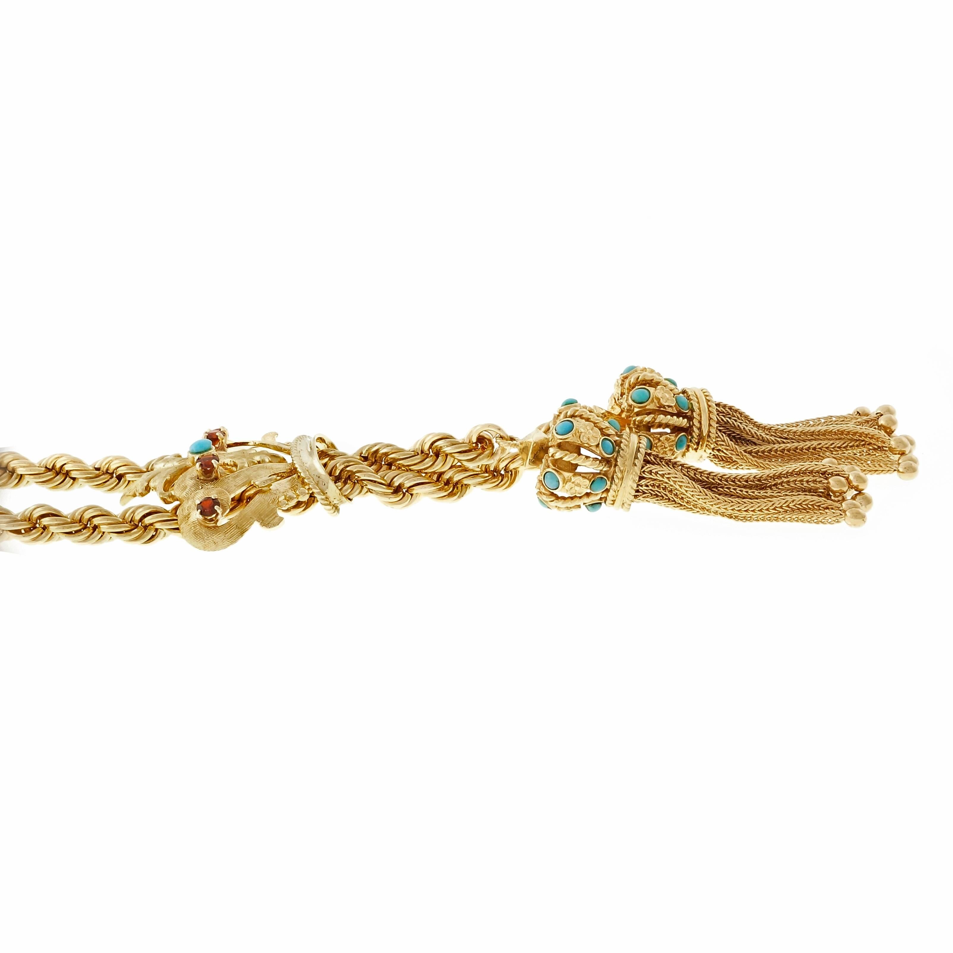 Women's Turquoise Garnet Gold Crown Tassel Rope Pendant Necklace