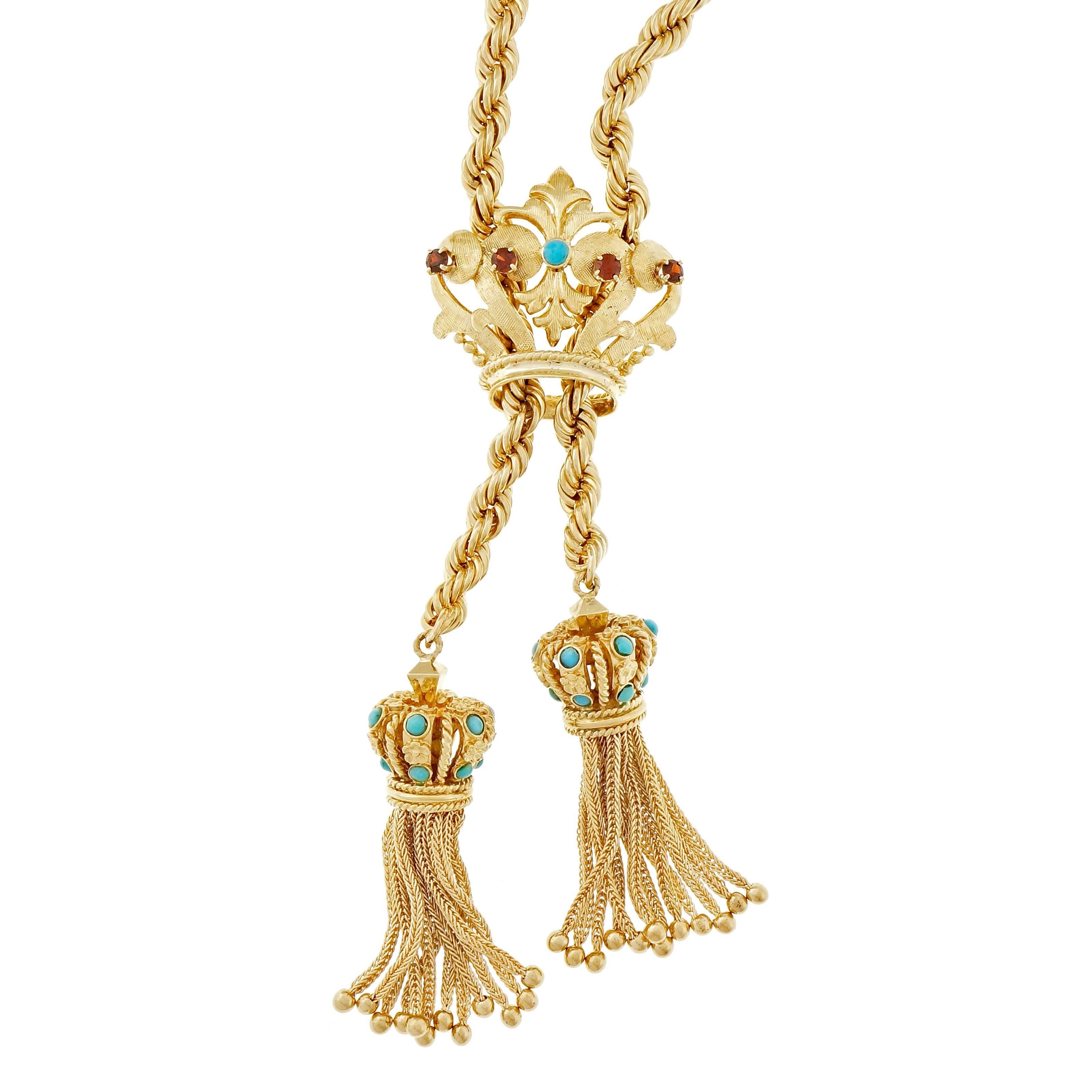 Turquoise Garnet Gold Crown Tassel Rope Pendant Necklace