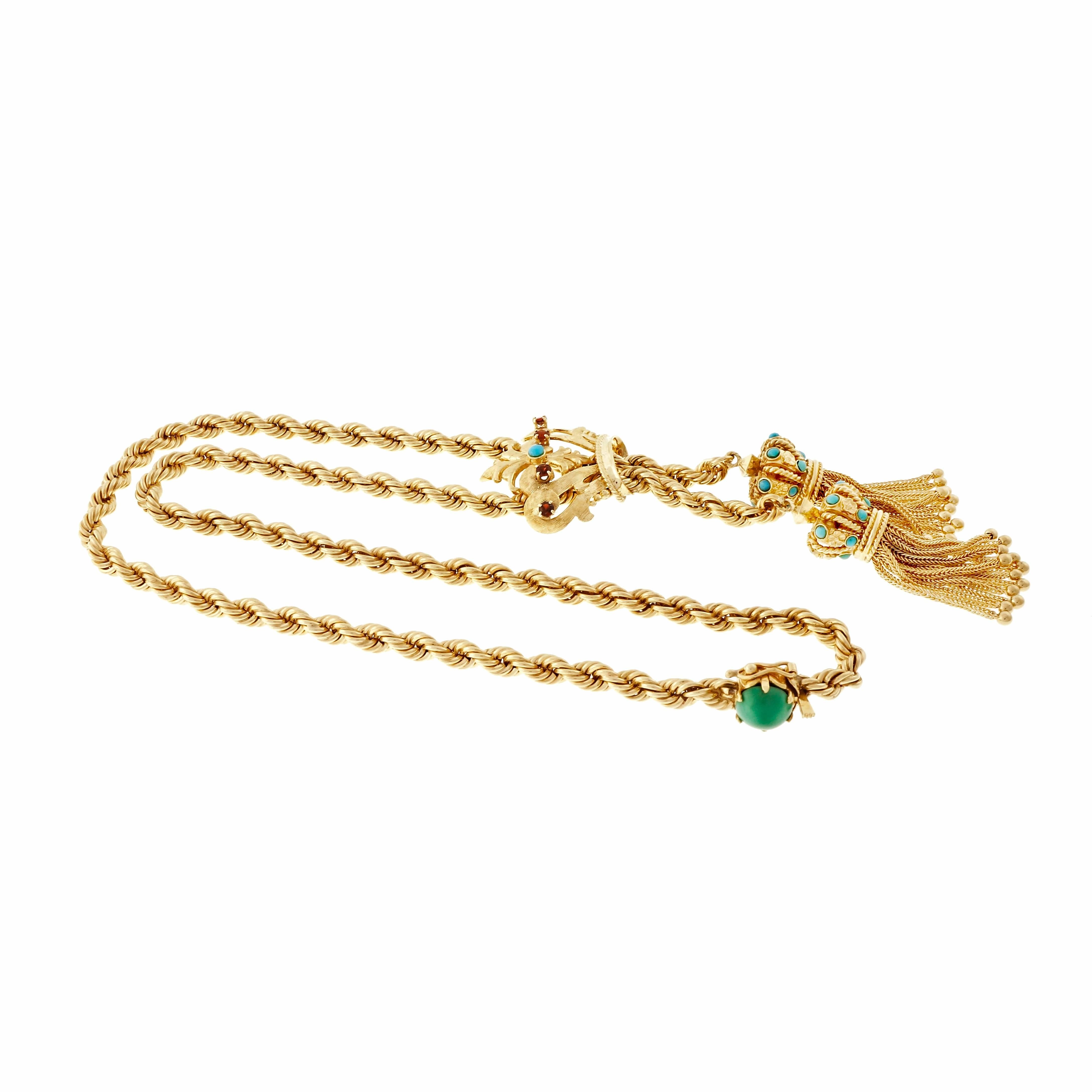 Turquoise Garnet Gold Crown Tassel Rope Pendant Necklace 4