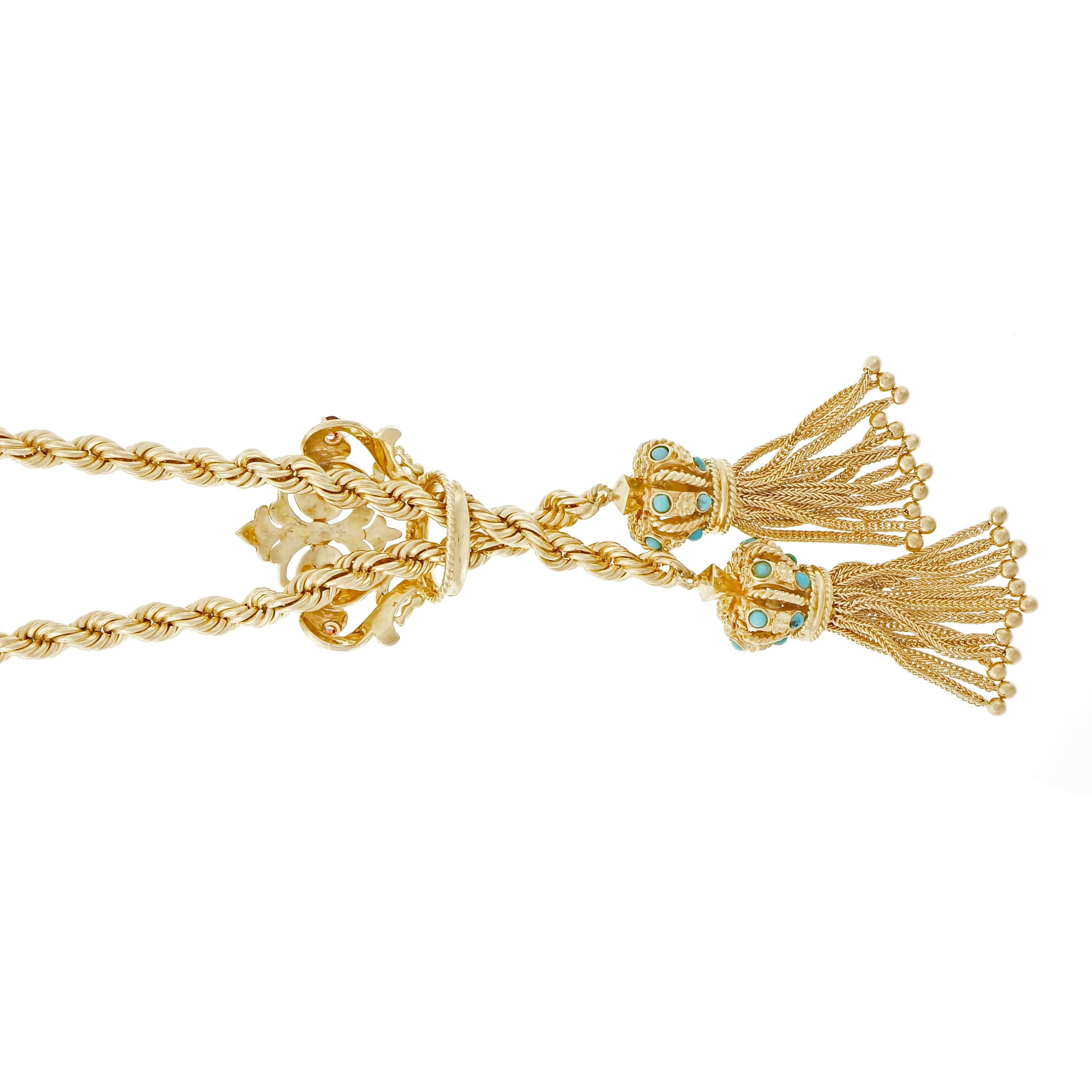Turquoise Garnet Gold Crown Tassel Rope Pendant Necklace 3