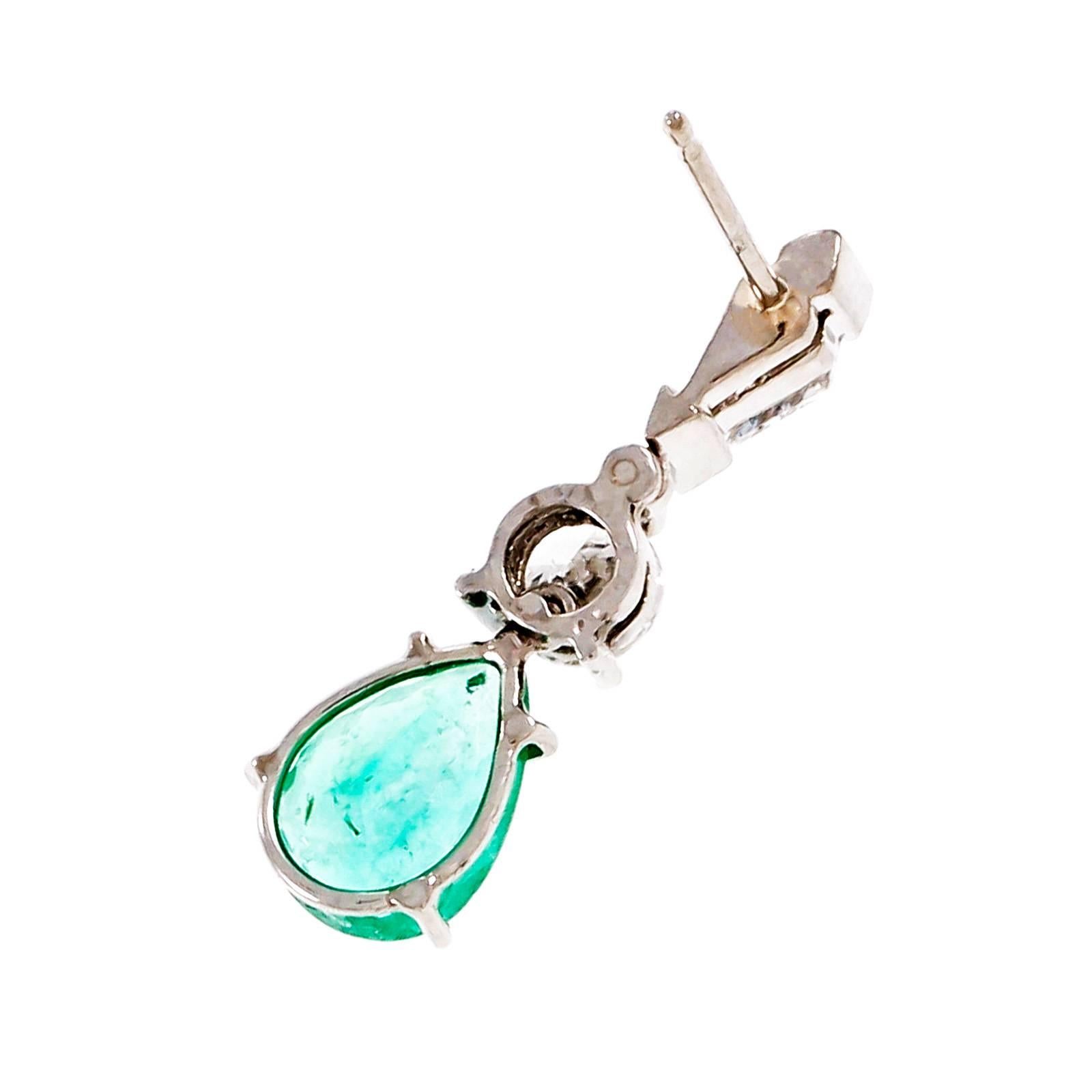 Pear Cut Gia Certified 3.47 Carat Pear Emerald Diamond Platinum Dangle Earrings For Sale