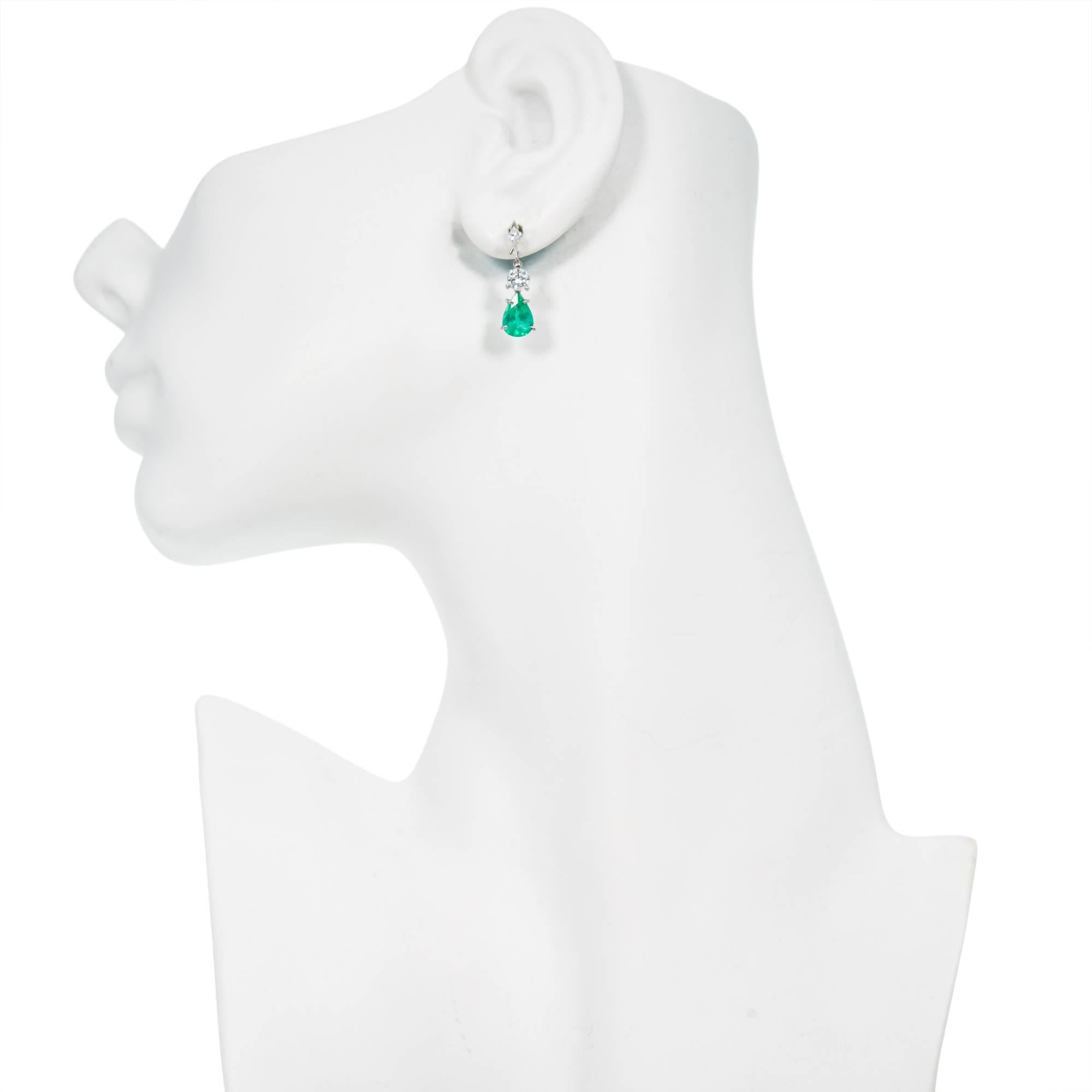 GIA Certified 3.47 Carat Pear Emerald Diamond Platinum Dangle Earrings 1