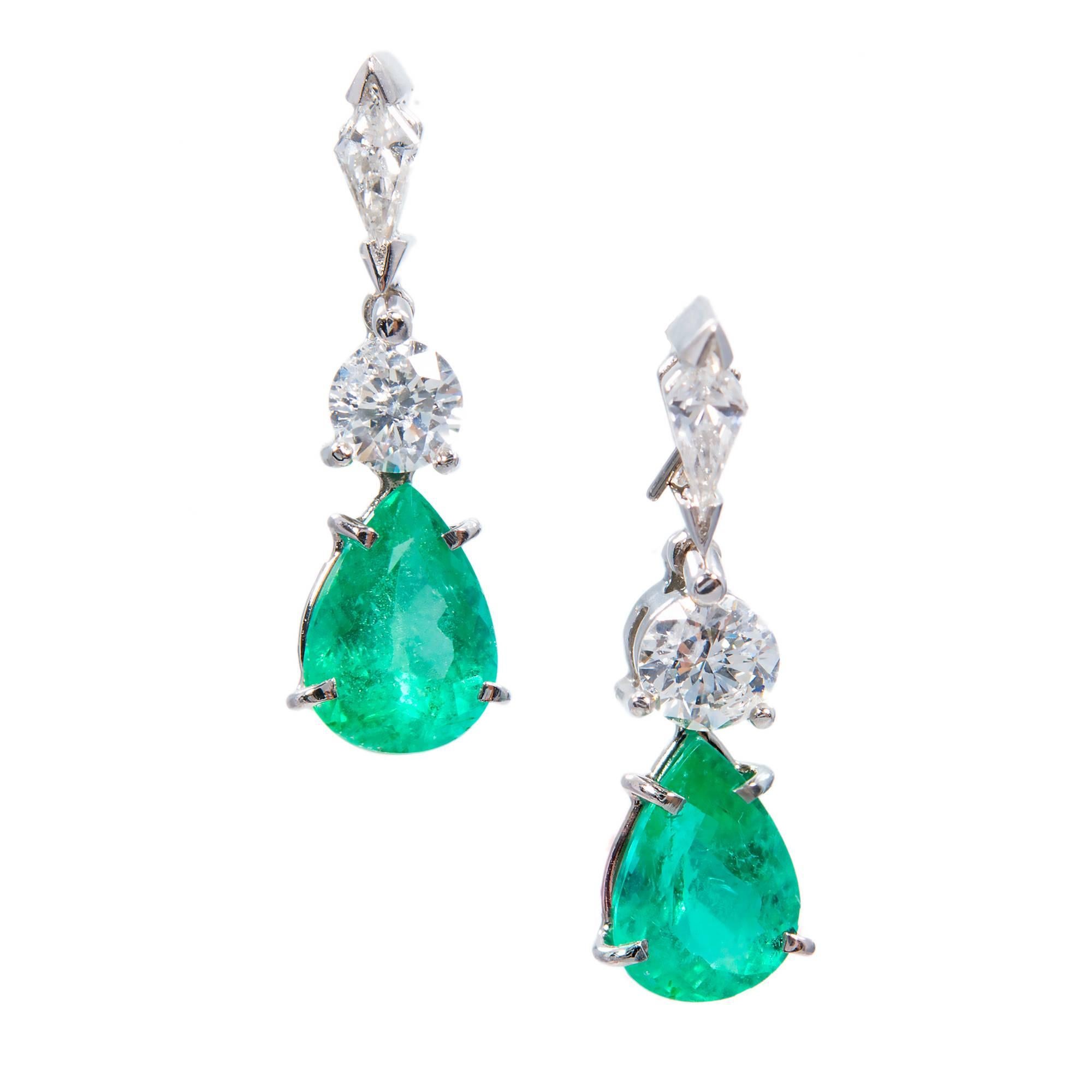 Gia Certified 3.47 Carat Pear Emerald Diamond Platinum Dangle Earrings For Sale