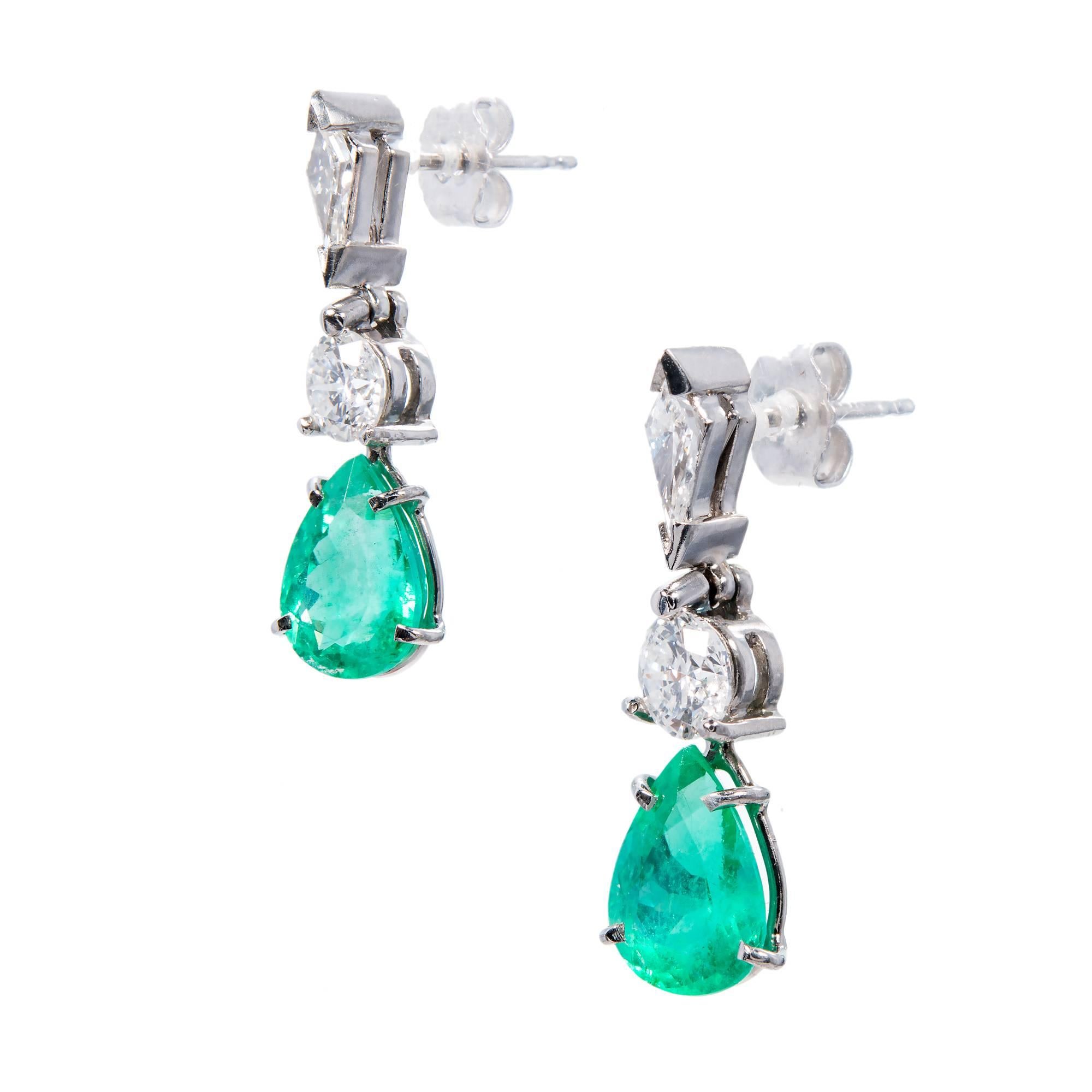 Women's Gia Certified 3.47 Carat Pear Emerald Diamond Platinum Dangle Earrings For Sale