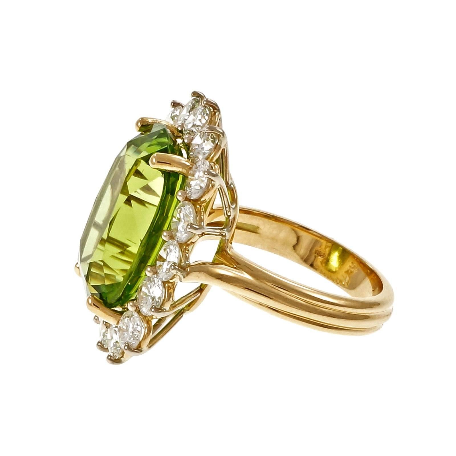 Oval Cut Peter Suchy 14.83 Carat GIA Cert Peridot Diamond Halo Gold Cocktail Ring For Sale