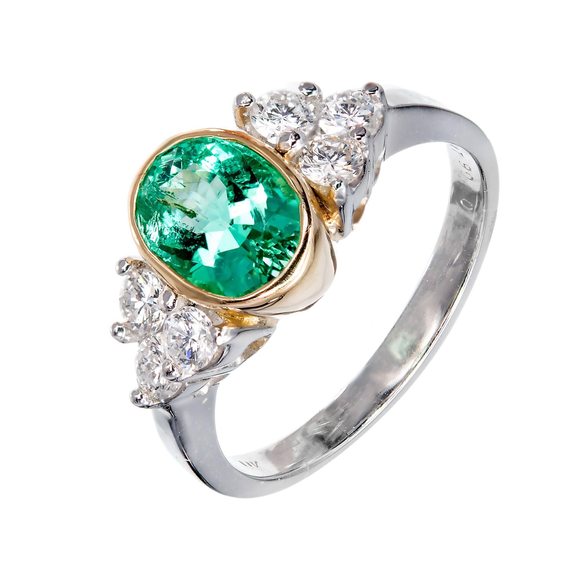 1.38 Carat Natural Colombian Emerald Diamond Gold Platinum Engagement Ring For Sale