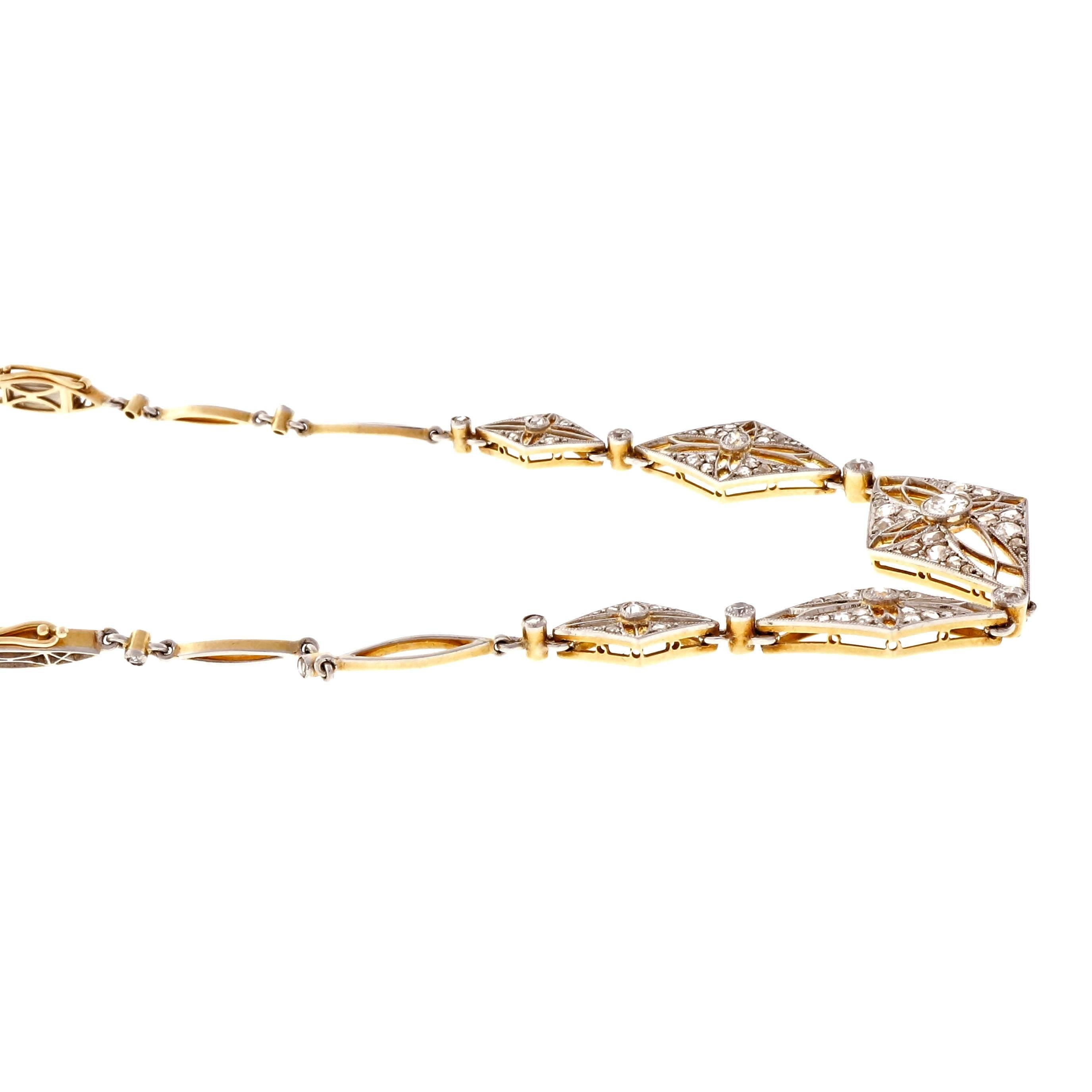 Victorian Platinum top 18k yellow gold back delicate open work bracelet with an extender that converts into a necklace. All original, circa 1870-1879. Natural patina. Bracelet is 7.25 inches. Necklace is 16.25 inches total.

1 old European cut