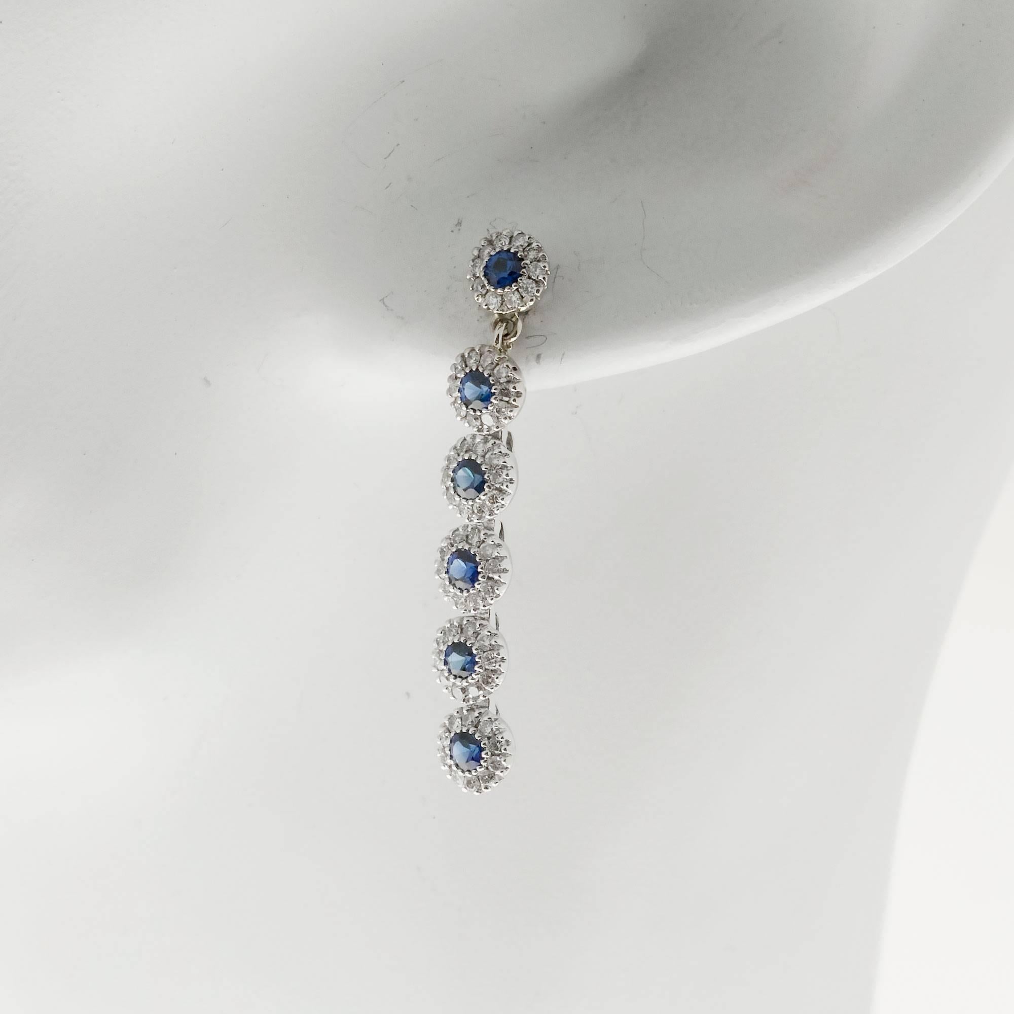Women's Sapphire Diamond Halo Gold Dangle Earrings