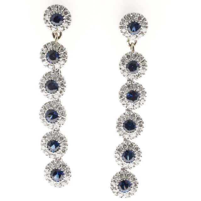 Sapphire Diamond Halo Gold Dangle Earrings at 1stDibs