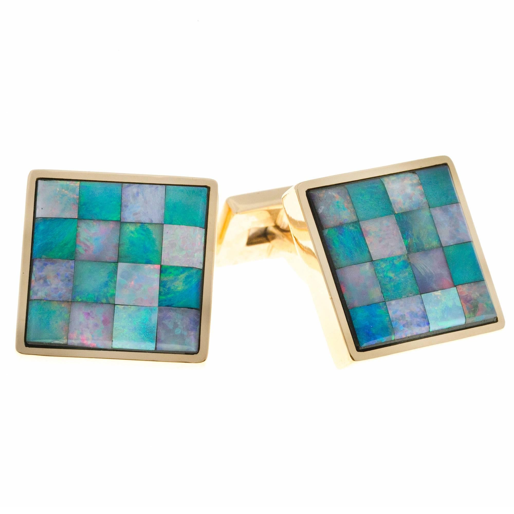 Opal Mosaic Square Gold Italian Cufflinks For Sale