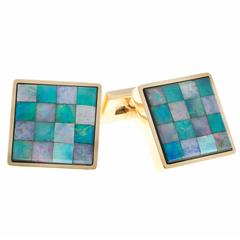 Vintage Opal Mosaic Square Gold Italian Cufflinks